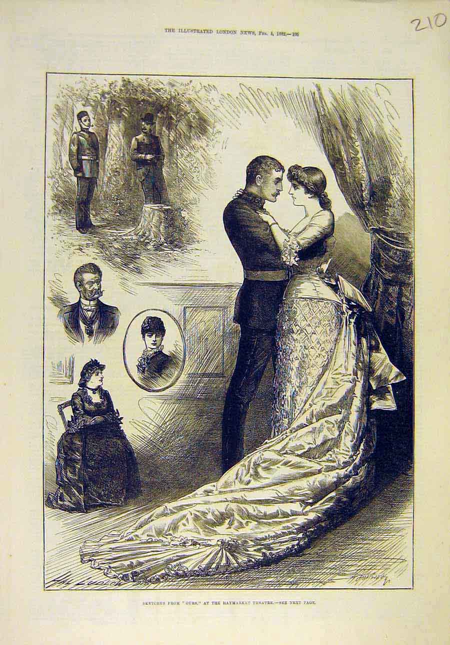 Original Old Antique Print 1882 Sketches Ours Haymarket Theatre Scenes Victorian