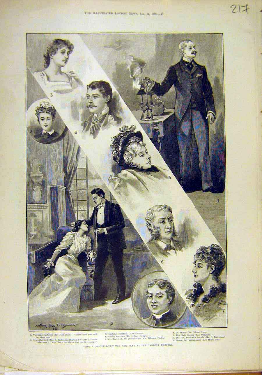 Original Old Antique Print 1893 Robin-Goodfellow Garrick Theatre Actors Scene