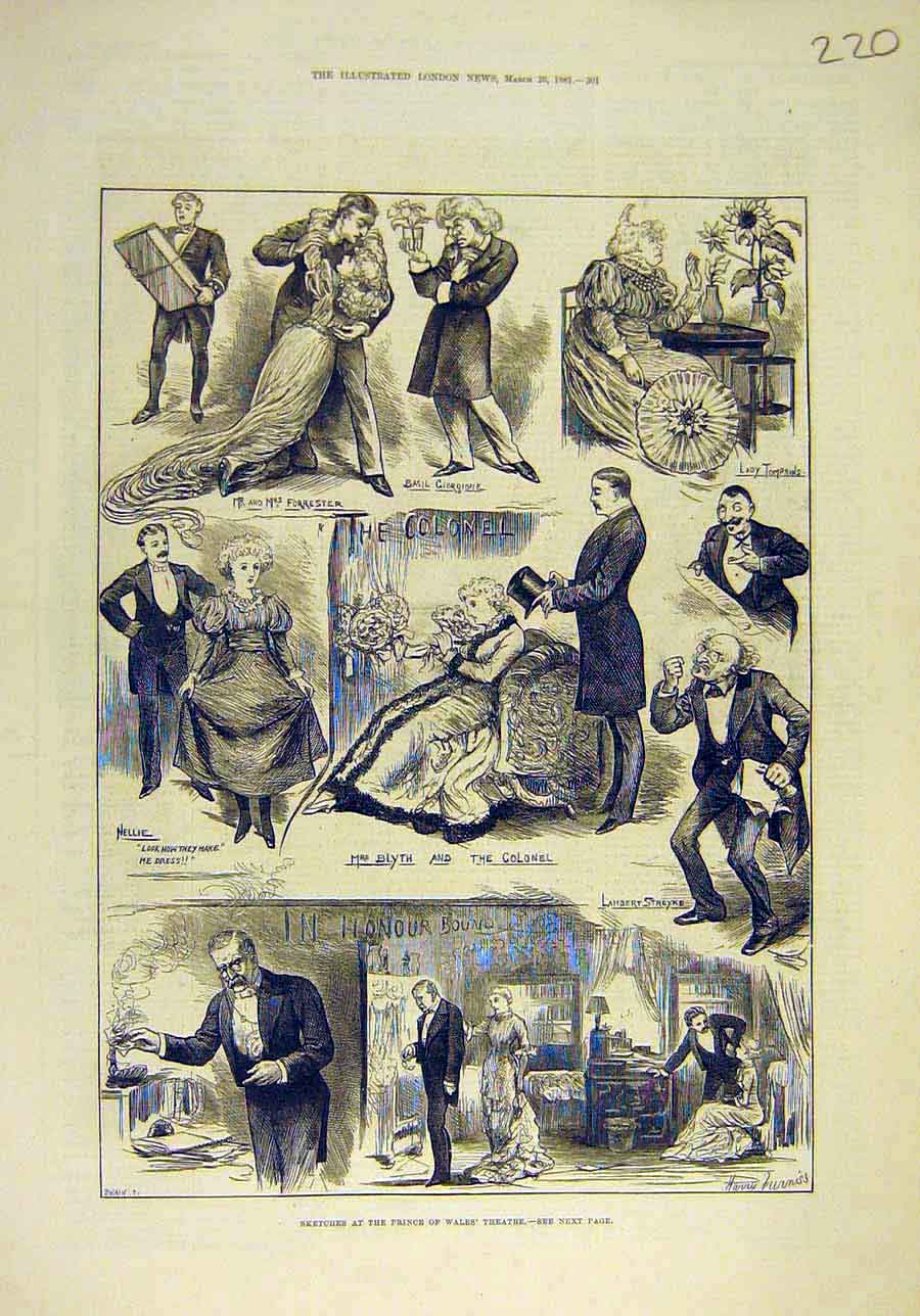 Original Old Antique Print 1881 Sketches Theatre Blythe Colonel Prince Wales