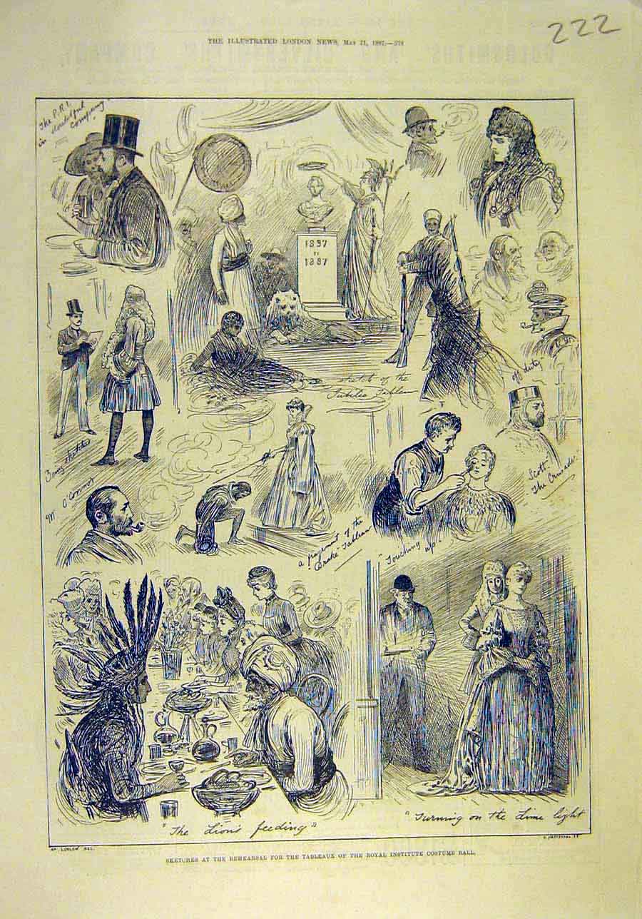 Original Old Antique Print 1887 Sketches Rehearsal Royal Institute Costume Ball