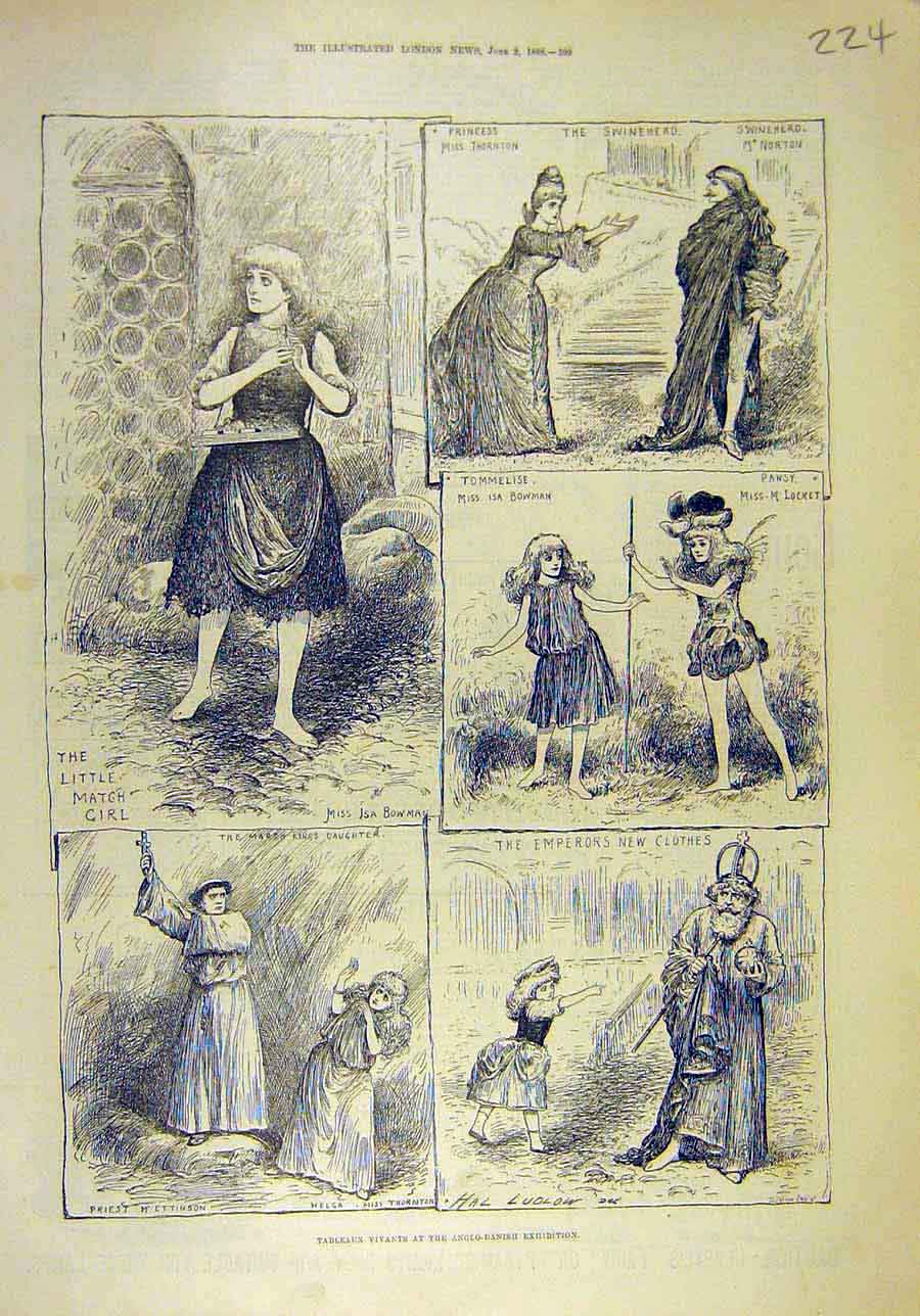 Original Old Antique Print 1888 Tbleaux Vivants Anglo-Danish Exhibition Theatre