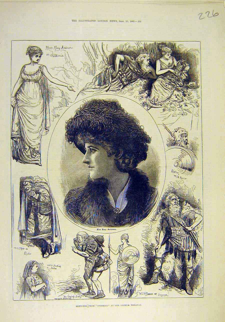 Original Old Antique Print 1883 Sketches Ingomar Lydeum Theatre Anderson Actress