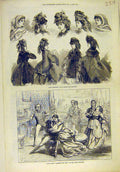 Original Old Antique Print 1871 Paris Fashions Ladies Hats Mantles Theatre Scene