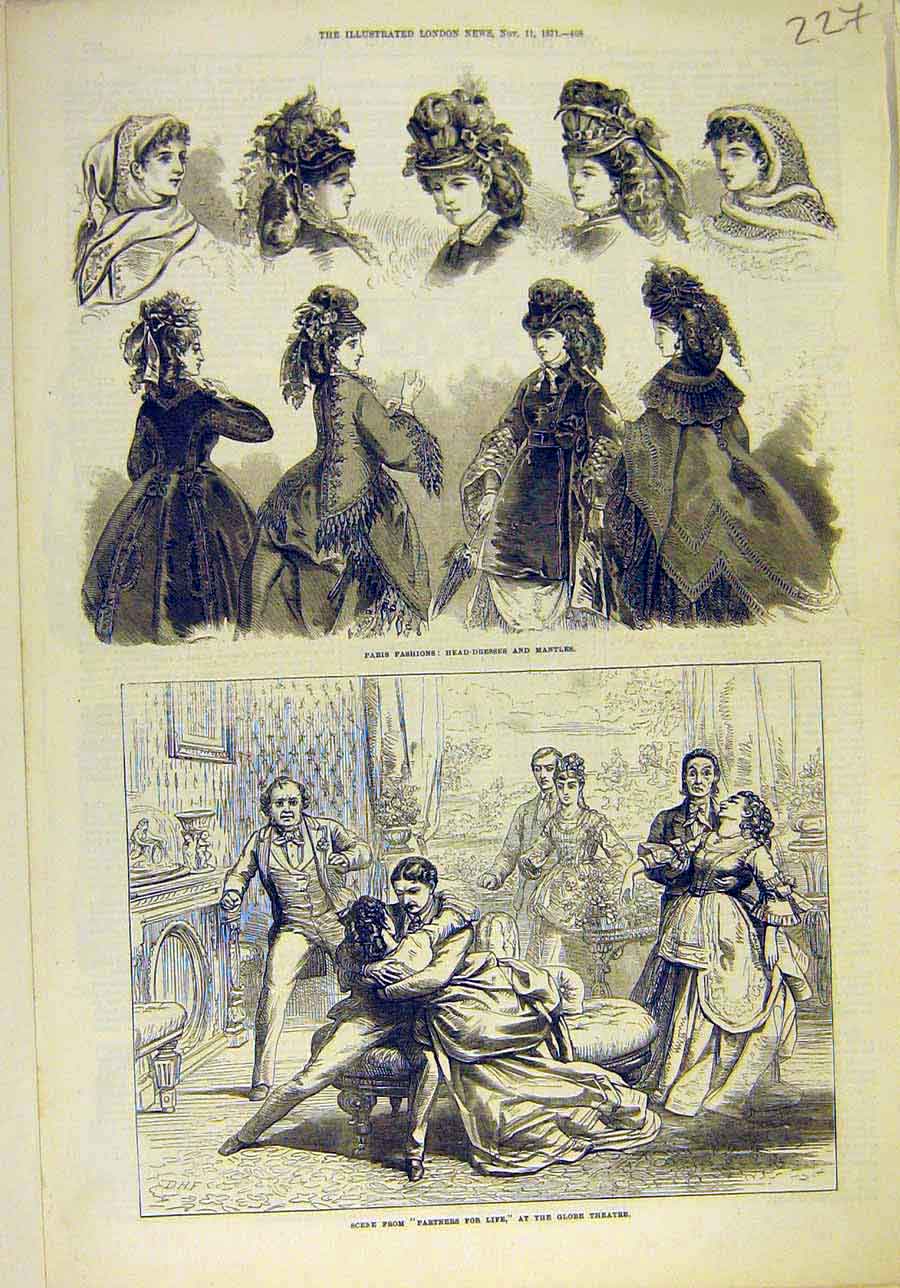 Original Old Antique Print 1871 Paris Fashions Ladies Hats Mantles Theatre Scene