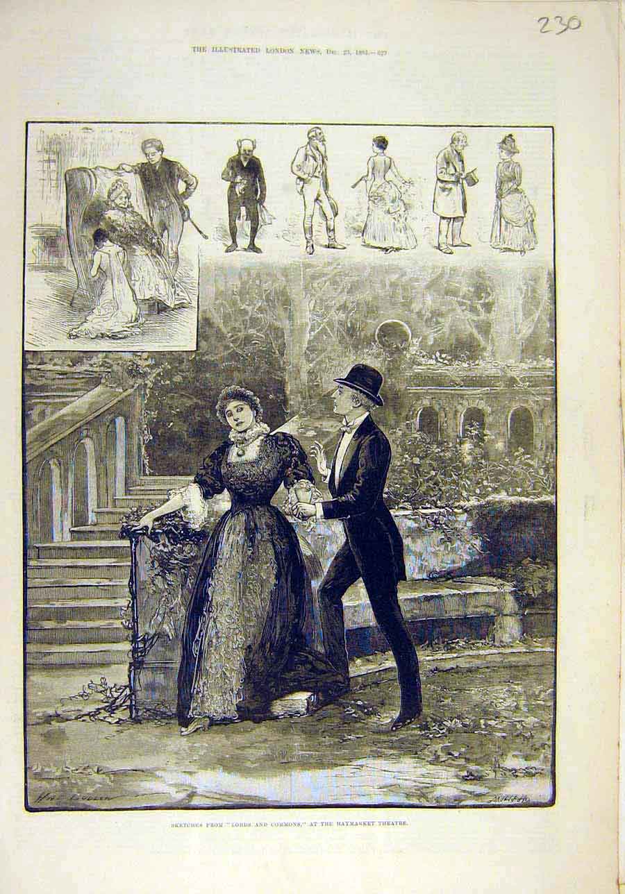 Original Old Antique Print 1883 Sketches Lords Commons Haymarket Theatre Scenes
