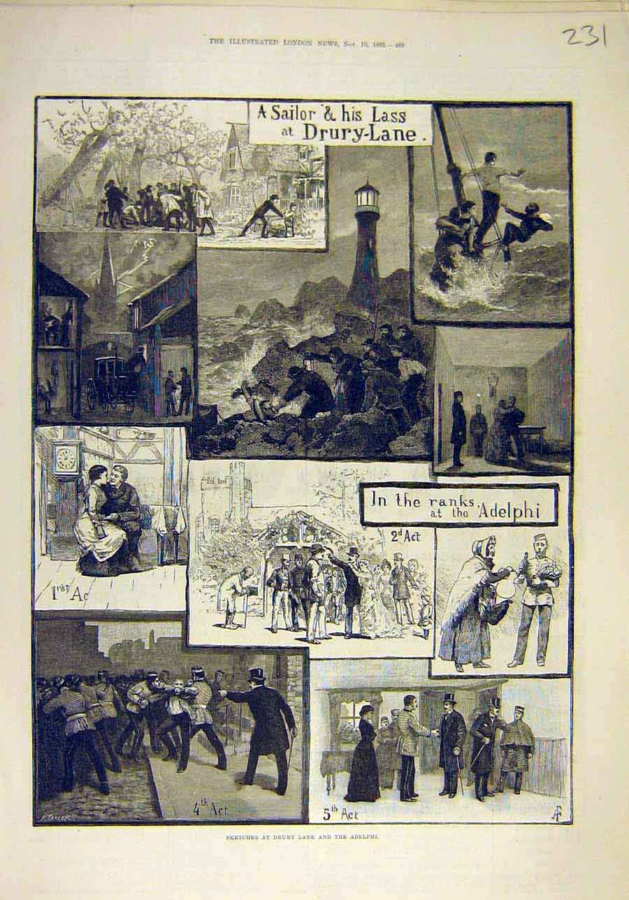 Original Old Antique Print 1883 Sailor Lass Drury Lane Theatre Adelphi Scene