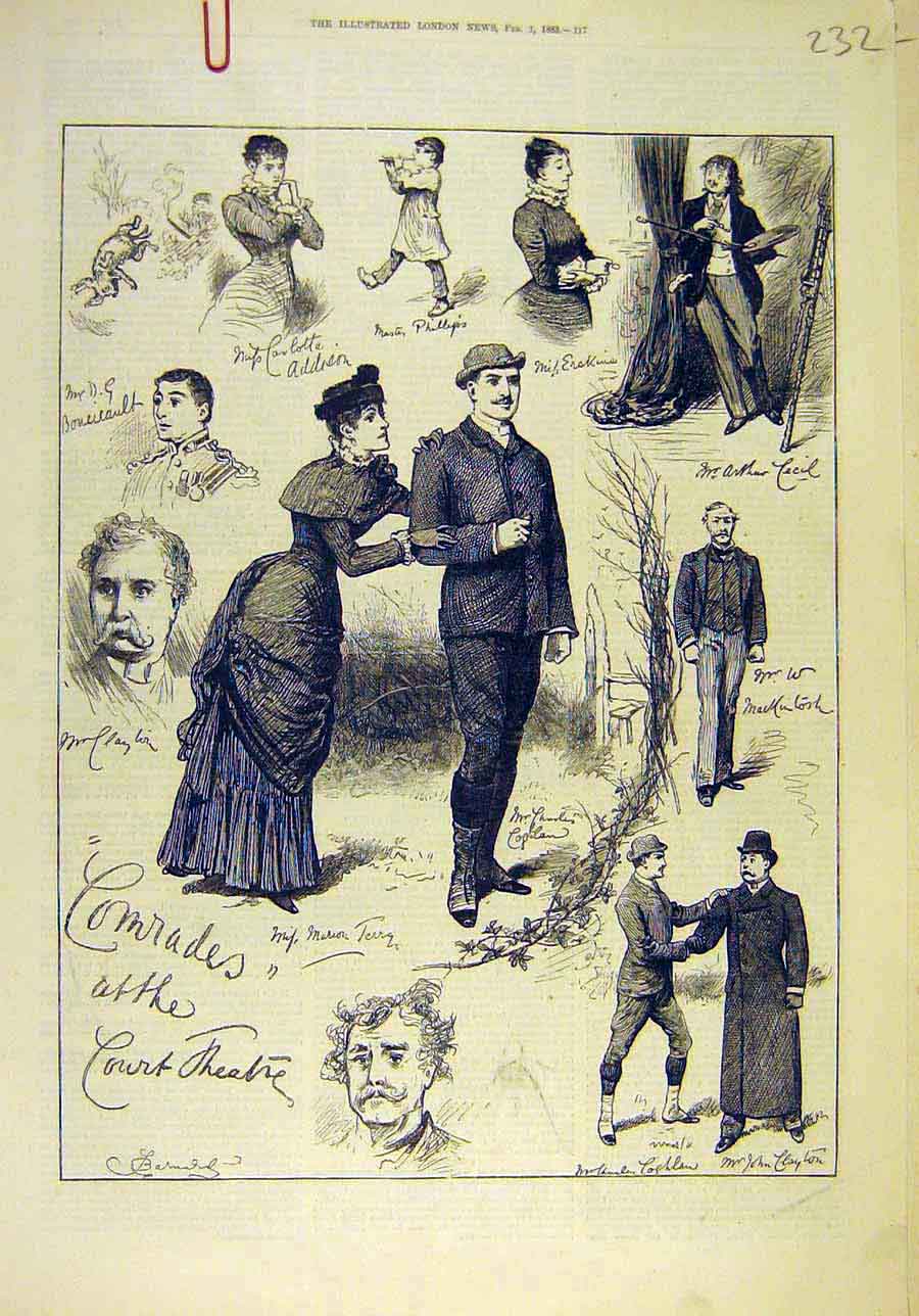 Original Old Antique Print 1883 Comrades Court Theatre Actor Actress Victorian