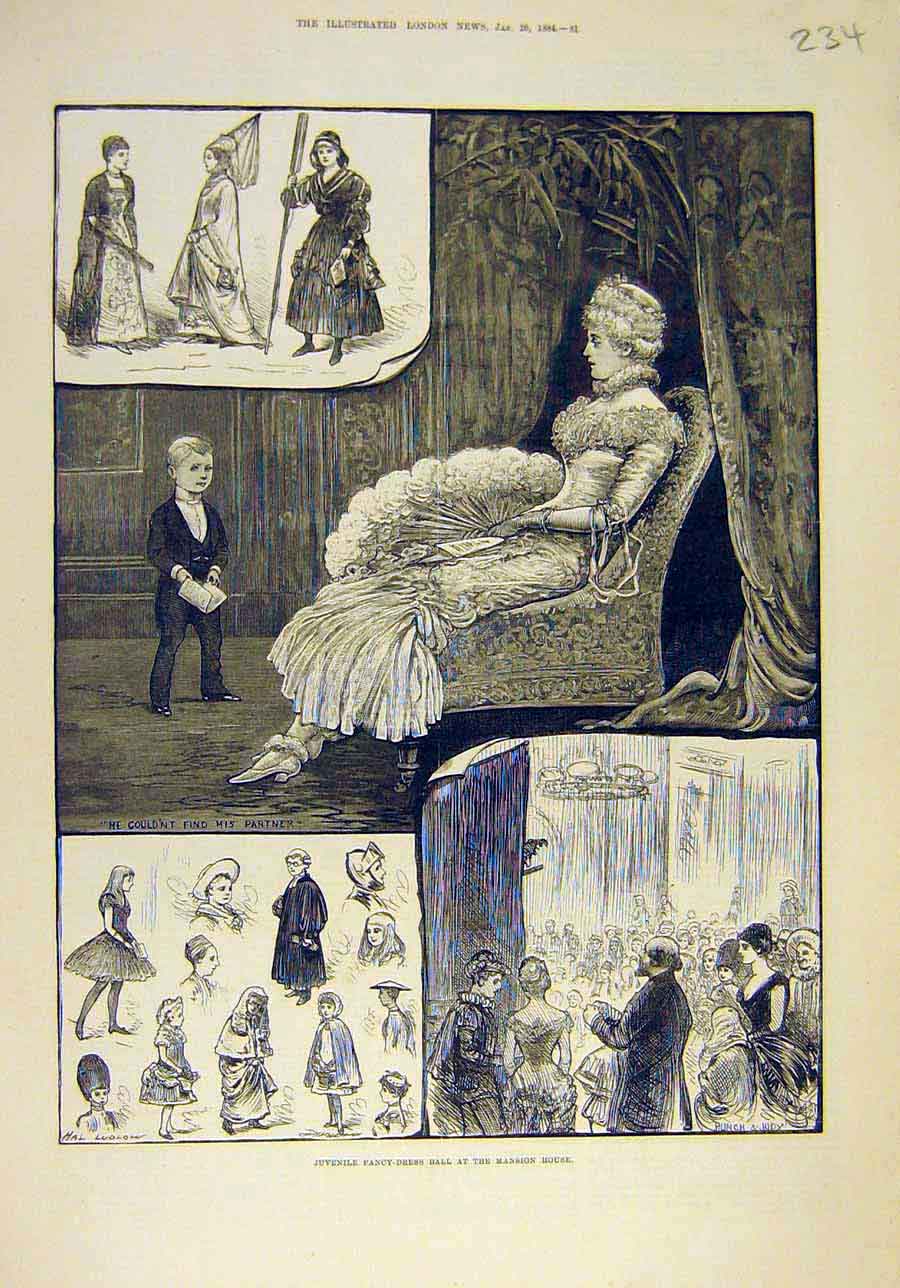 Original Old Antique Print 1884 Juvenile Fancy-Dress Ball Mansion House Sketches