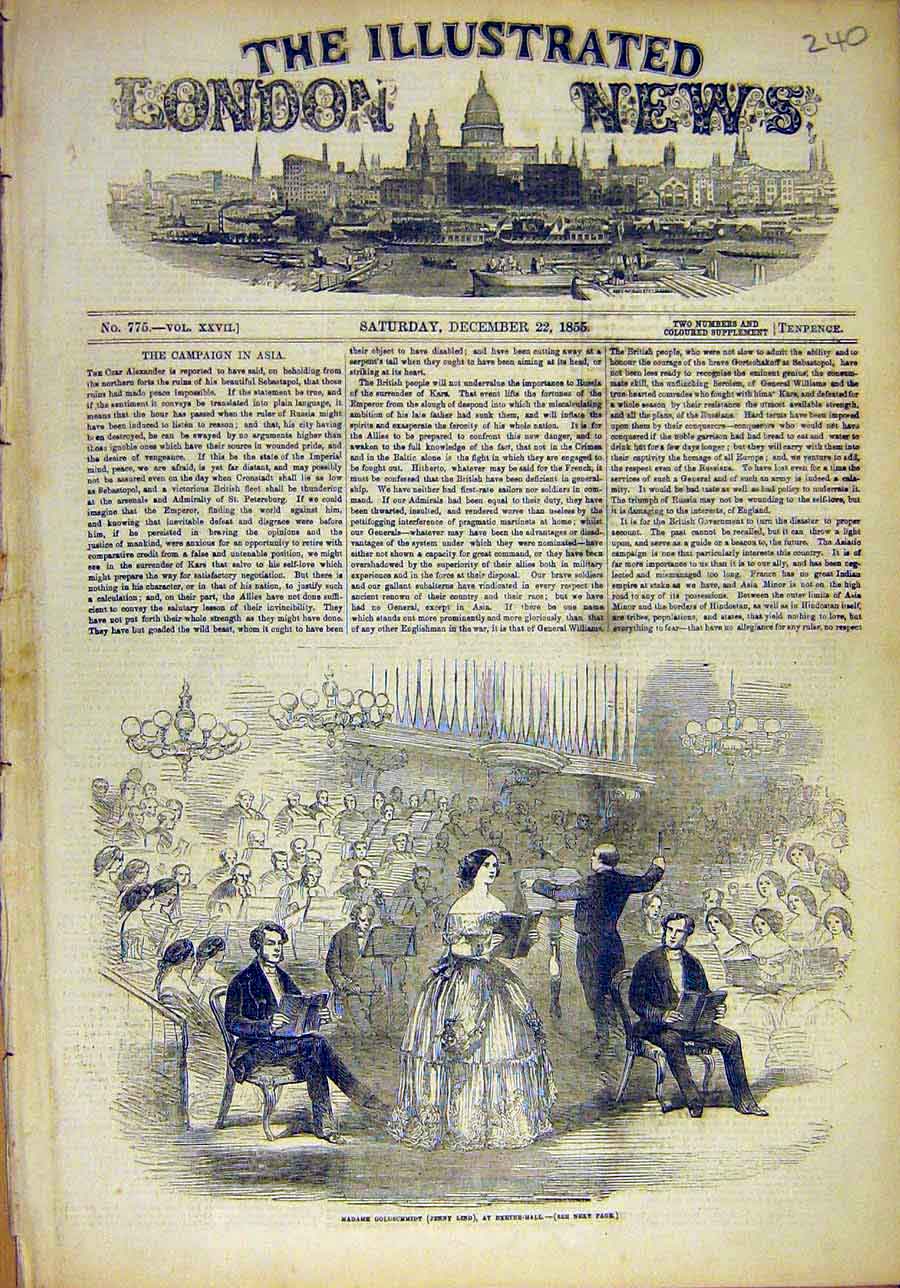 Original Old Antique Print 1855 Exeter Hall Lindt Madame-Gschmidt Concert 19th
