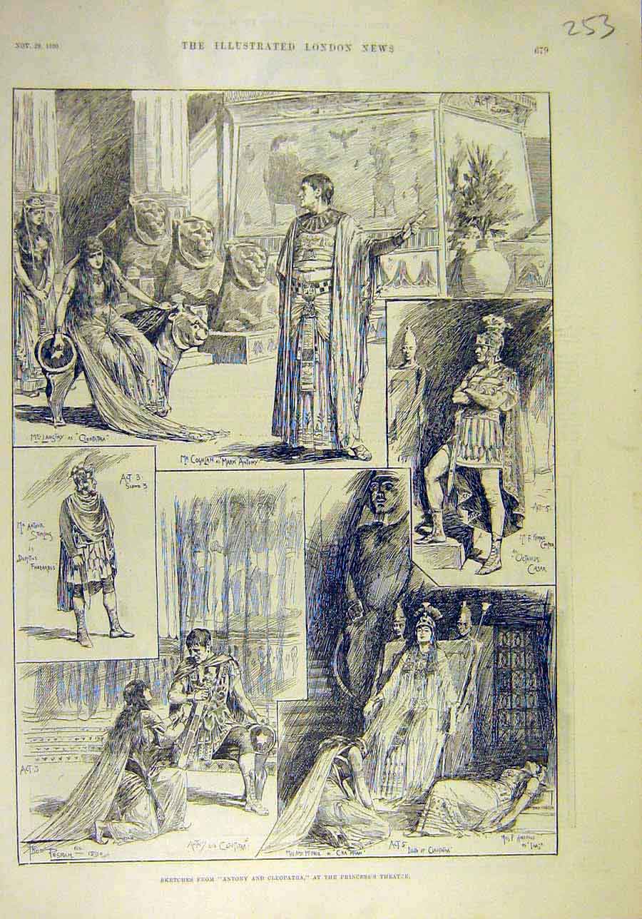 Old Antique Print 1890 Sketches Antony Cleopatra Princess'S Theatre Scene 19th