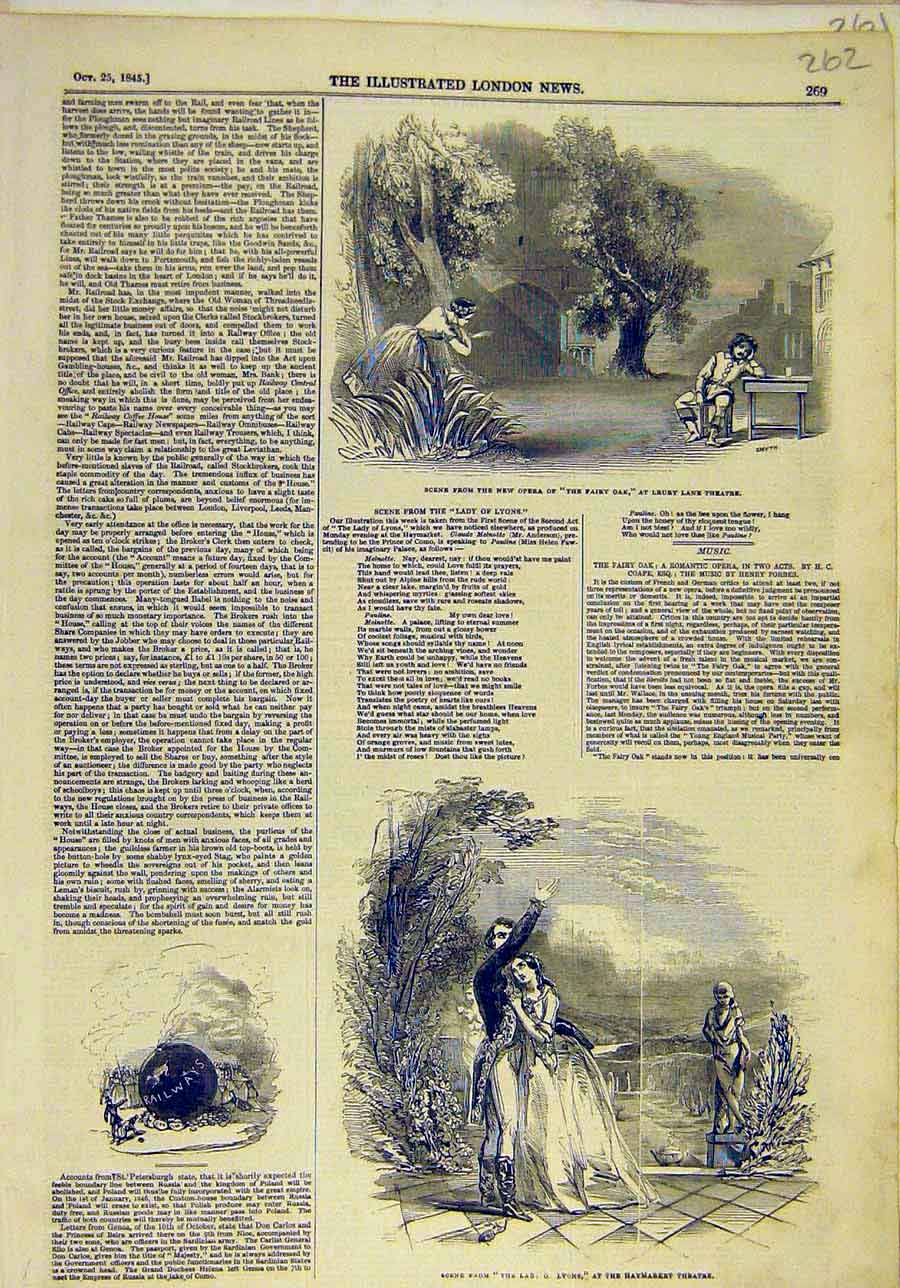 Original Old Antique Print 1845 Scene Opera Fairy-Oak Theatre Lyons Sketches