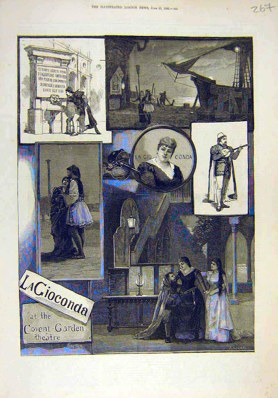 Original Old Antique Print 1883 La-Gioconda Sketches Theatre Covent Garden 19th