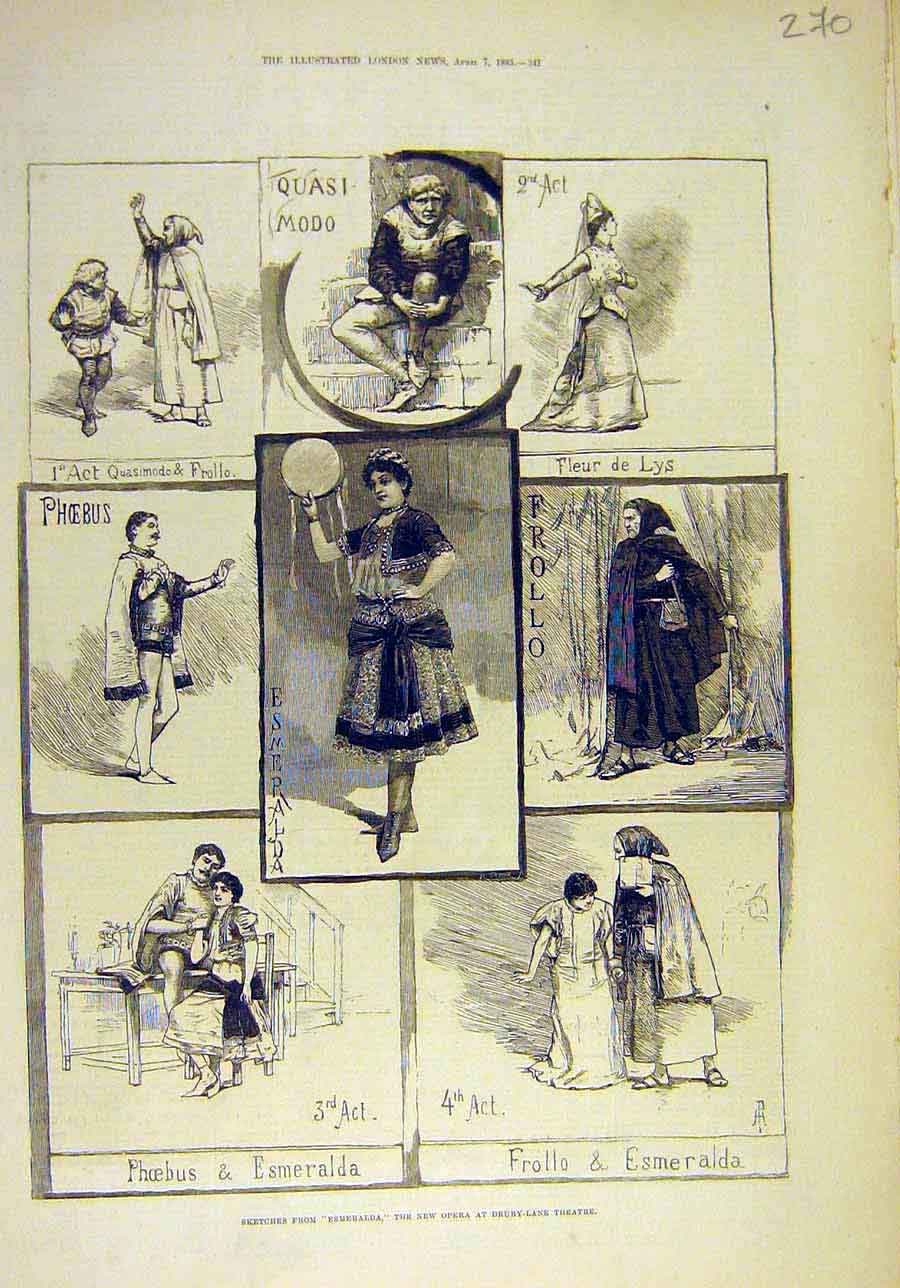 Old Antique Print 1883 Sketches Esmeralda Opera Theatre Frollo Quasi-Modo 19th