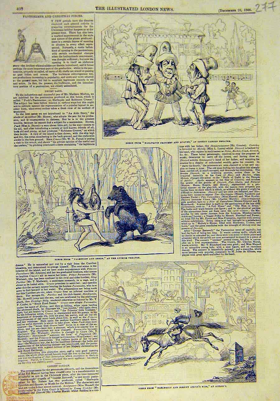 Original Old Antique Print 1844 Harlequin Theatre Crotchet Quaver Scenes Astleys