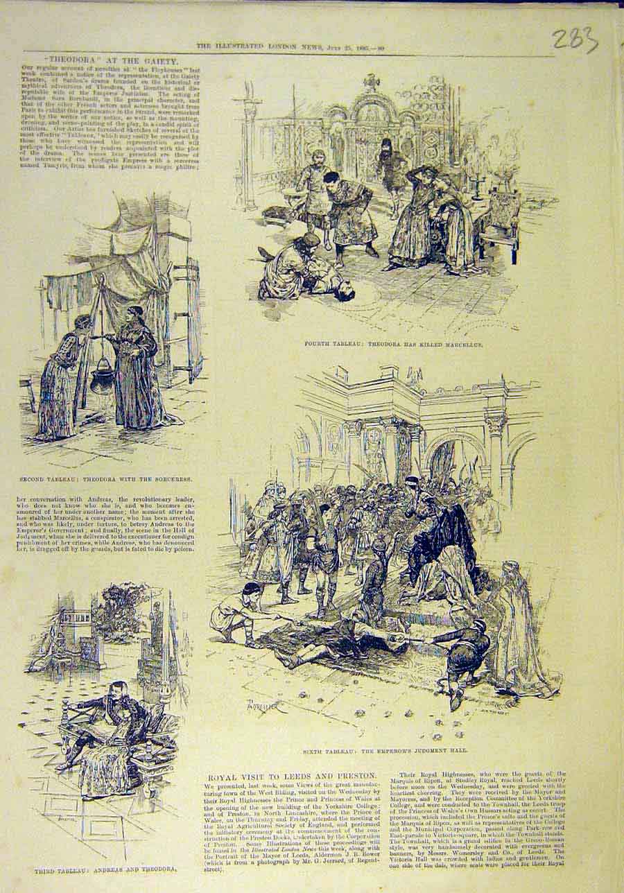 Original Old Antique Print 1885 Theodora Geity Theatre Scenes Tableau Andreas
