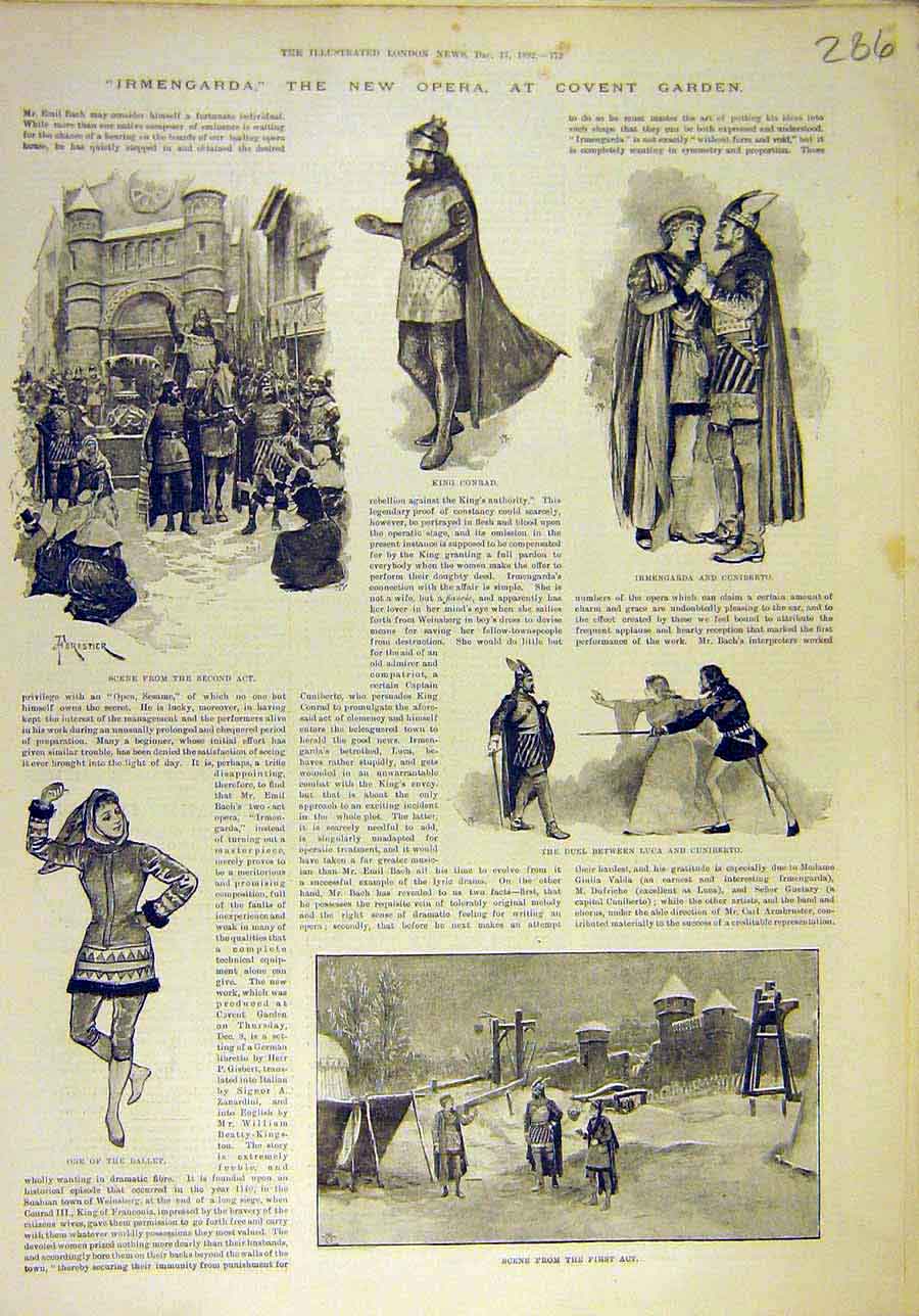 Original Old Antique Print 1892 Irmengarda Opera Covent-Garden Theatre Scenes