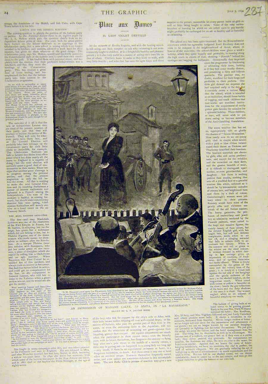 Original Old Antique Print 1894 Madame Calve Navarraise Scene Hood Theatre 19th