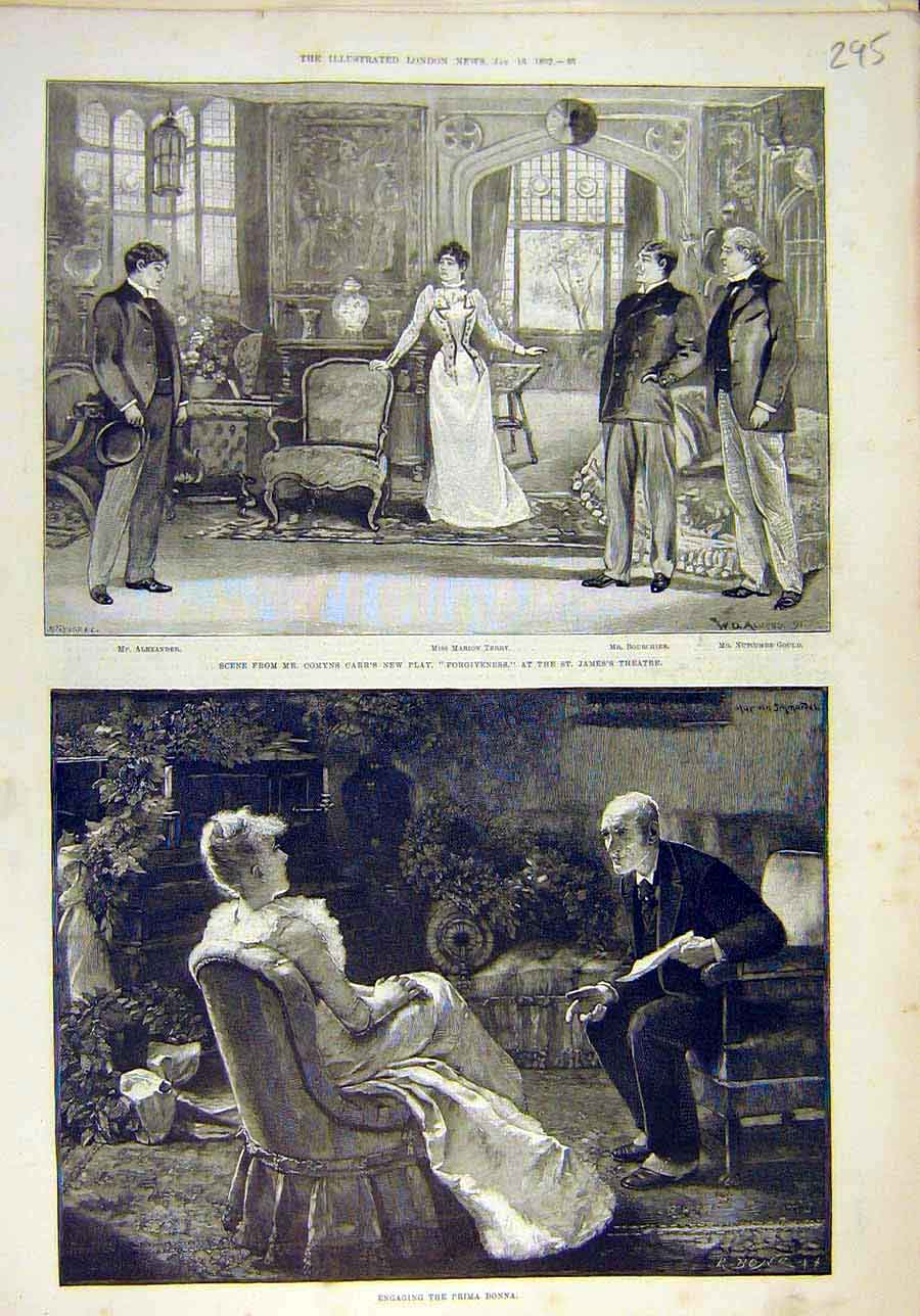 Original Old Antique Print 1892 Theatre Scenes Carr Prima-Dona Actress Victorian