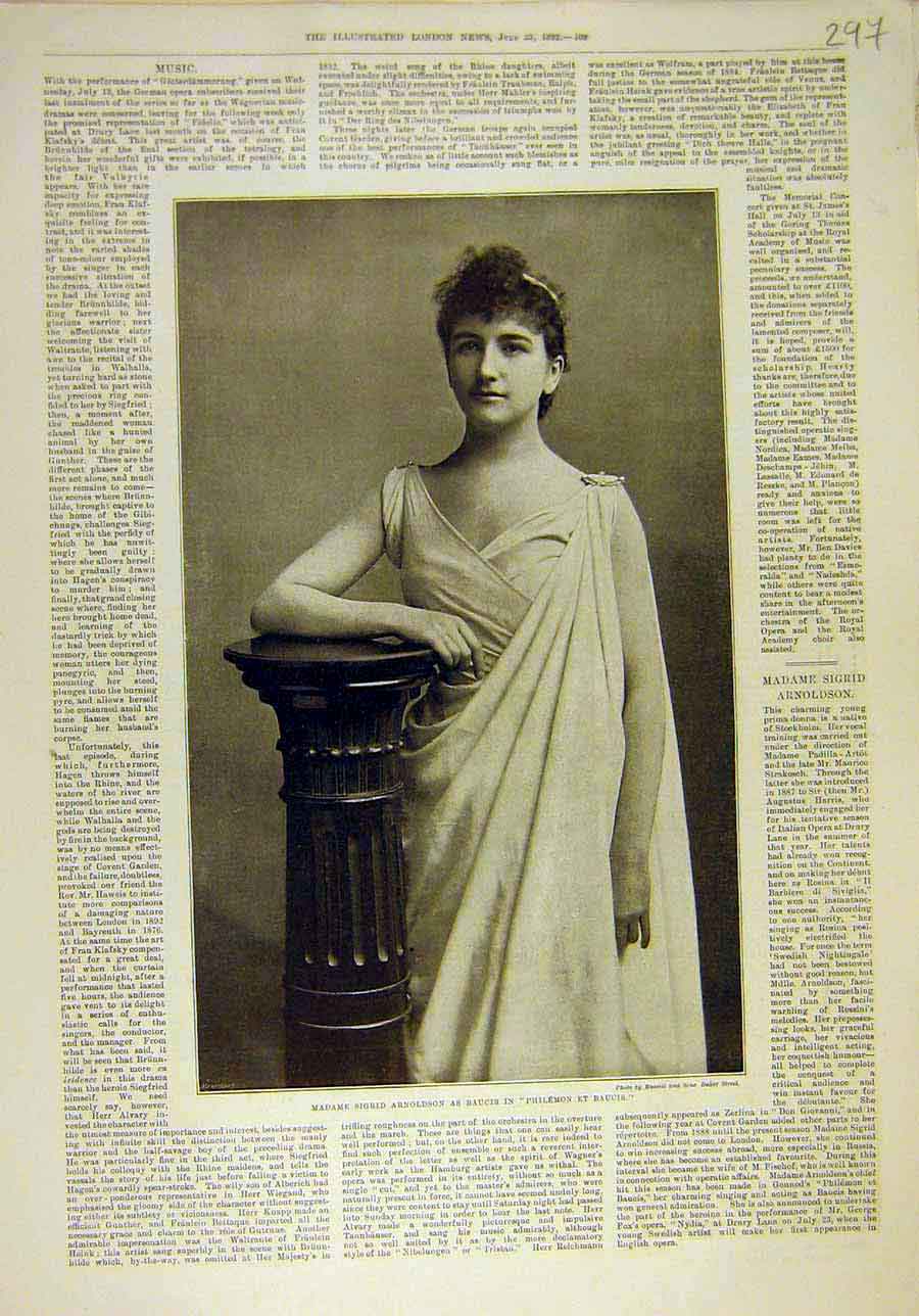 Original Old Antique Print 1892 Arnson Baucis Theatre Actress Portrait Victorian