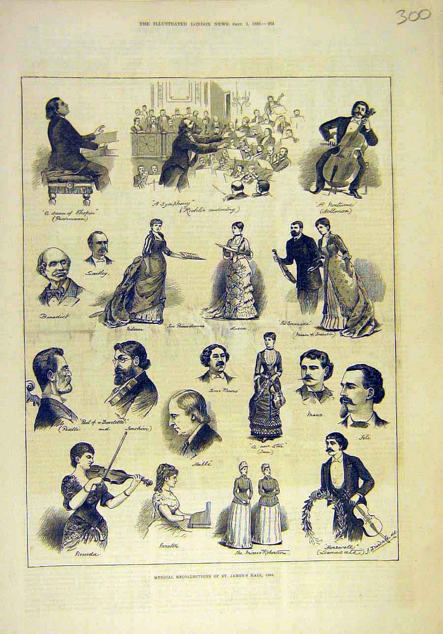 Original Old Antique Print 1883 Musical Rest James'S Hall Theatre Music 19th