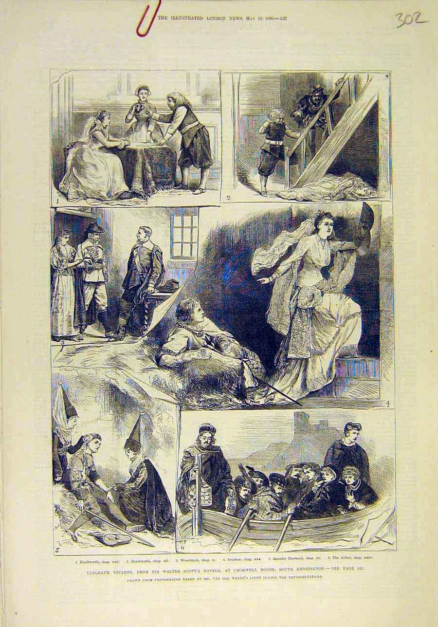 Old Antique Print 1880 Tableaux Vivants Cromwell Scott Kensington Scenes 19th