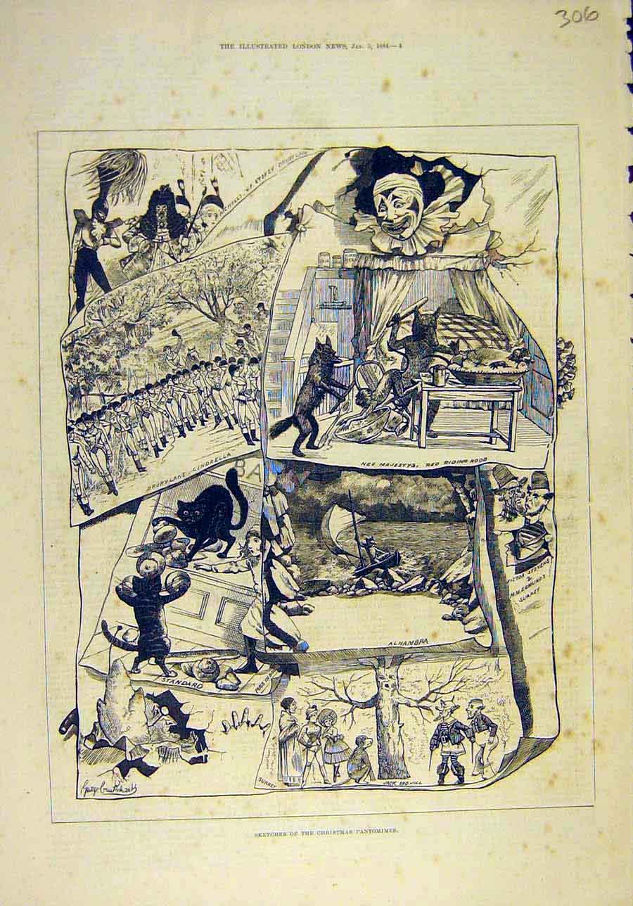 Original Old Antique Print 1884 Sketches Christmas Pantomimes Theatre Scenes