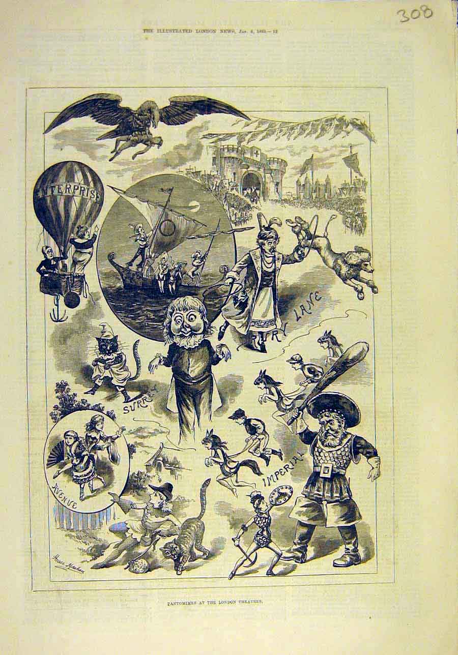 Original Old Antique Print 1883 Pantomimes London Theatre Scenes Sketches 19th