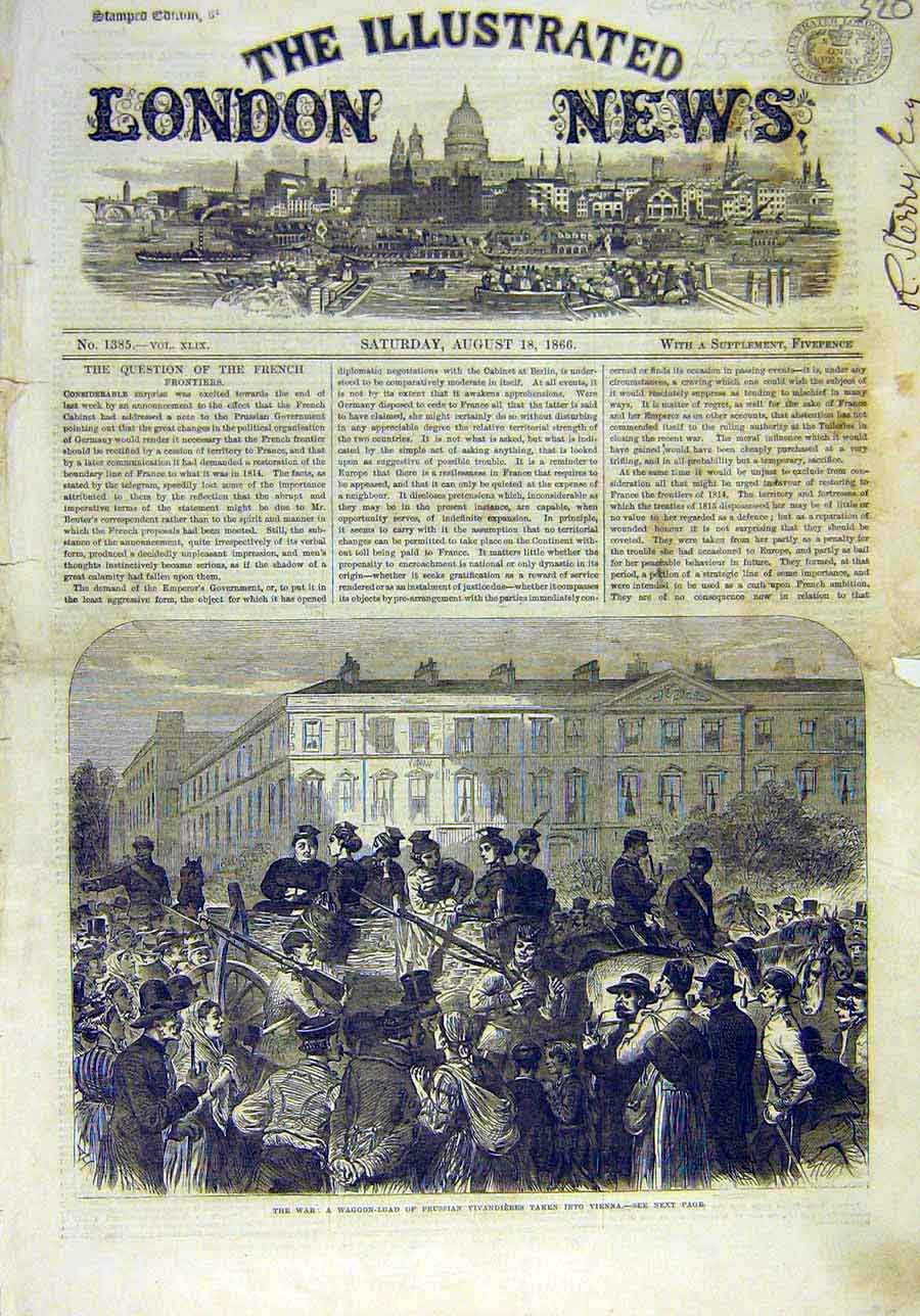 Original Old Antique Print 1866 War Waggon-Load Prussian Vivandiers Vienna 19th
