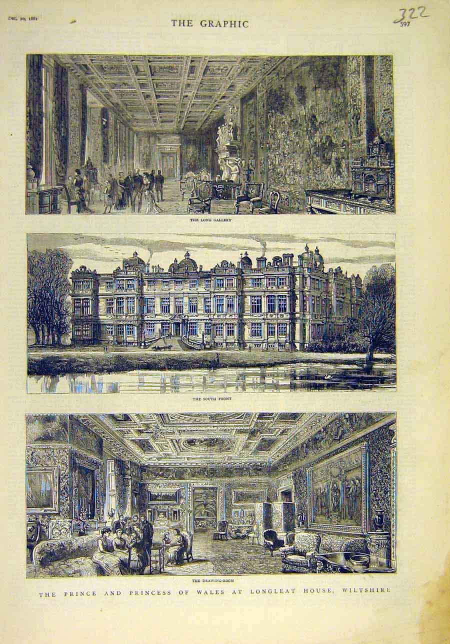 Original Old Antique Print 1881 Prince Princess Wales Longleat House Wiltshire