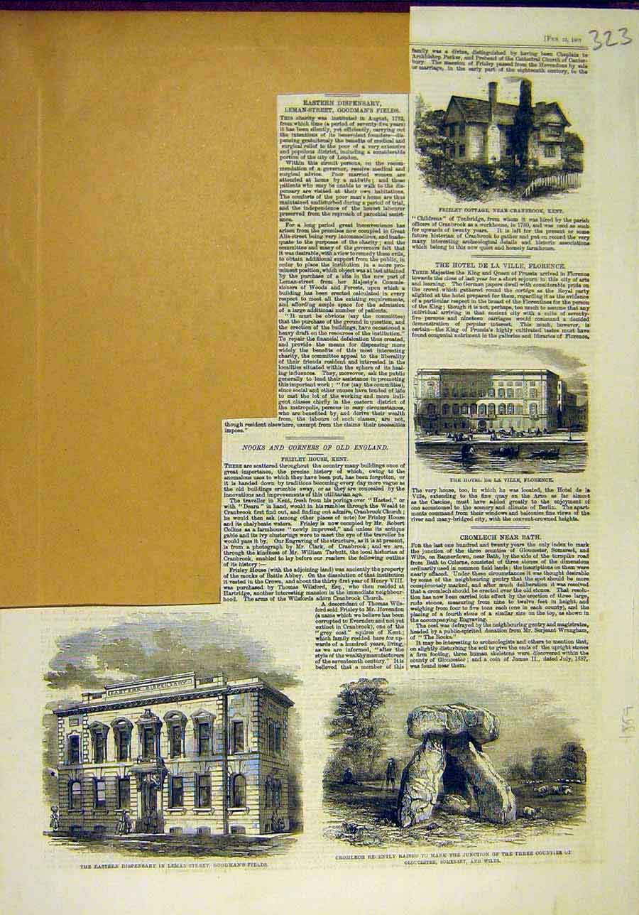 Original Old Antique Print 1859 Buildings Cottage Florence Cromlech Dispensary
