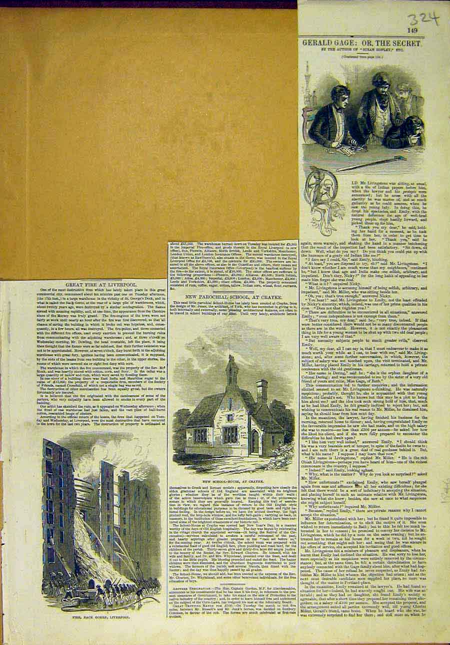 Original Old Antique Print School-House Crayke Fire Goree Liverpool Gage Secret
