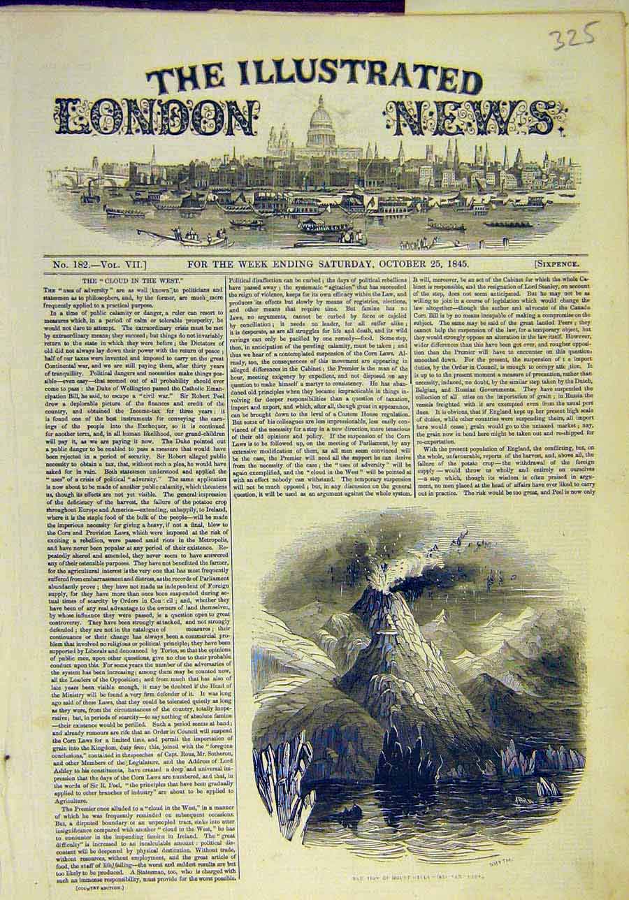 Original Old Antique Print 1845 Mount Hecla Volcano Evacuation Eruption 19th