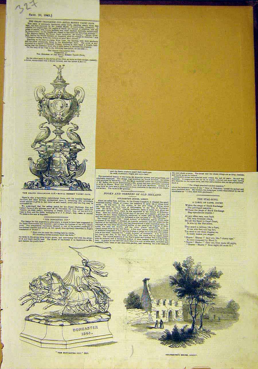 Original Old Antique Print 1845 Challenge Cup Yacht Doncaster Gsmith Lissoy 19th