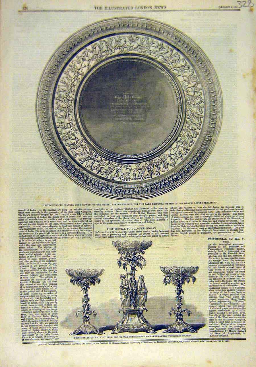 Original Old Antique Print 328 Testimonial Gowan Sebastopol West Provident