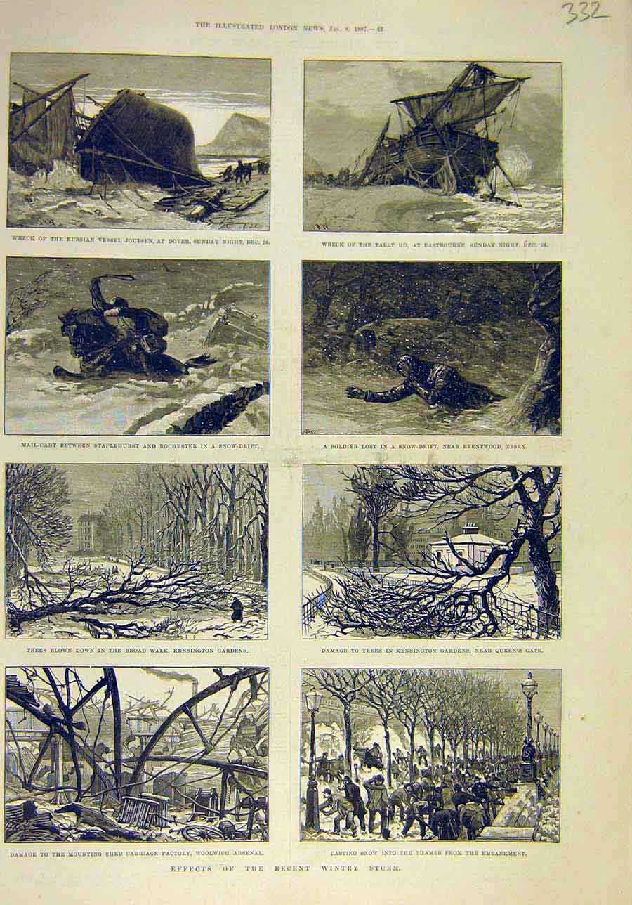 Original Old Antique Print 1887 Winter-Storm Wreck Ship Mail-Cart Sier Gardens