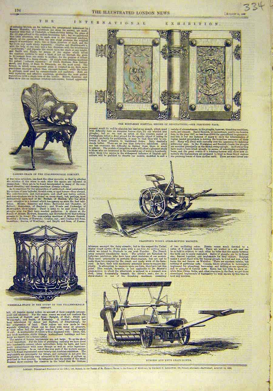 Old Antique Print 1862 Exhibition Coalbrookdale Burgess Cranston Machine 19th