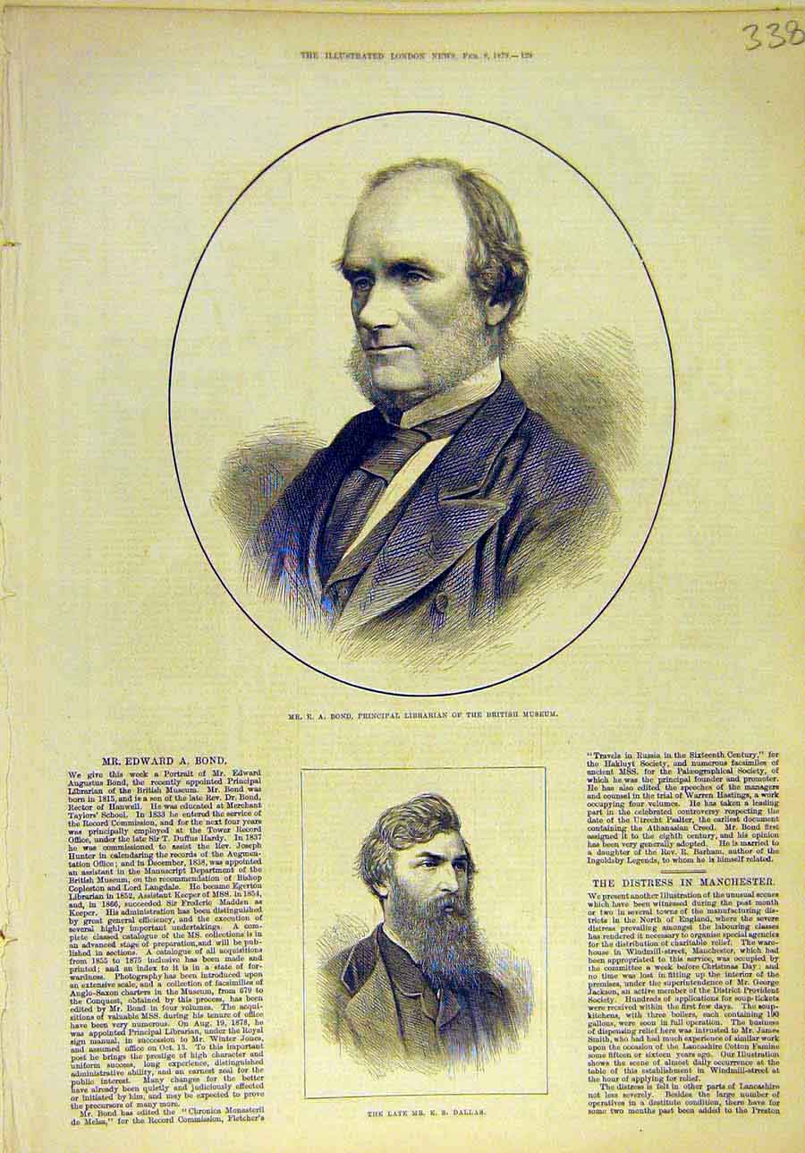 Original Old Antique Print 1879 Bond Librarian Museum Dallas Portrait Victorian