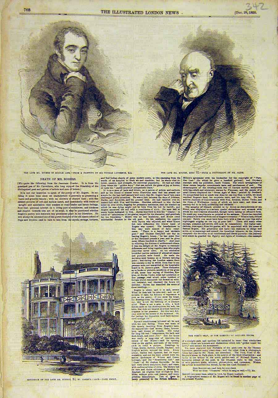 Original Old Antique Print 1855 Portrait Rogers Poet Patron Arts Holland House