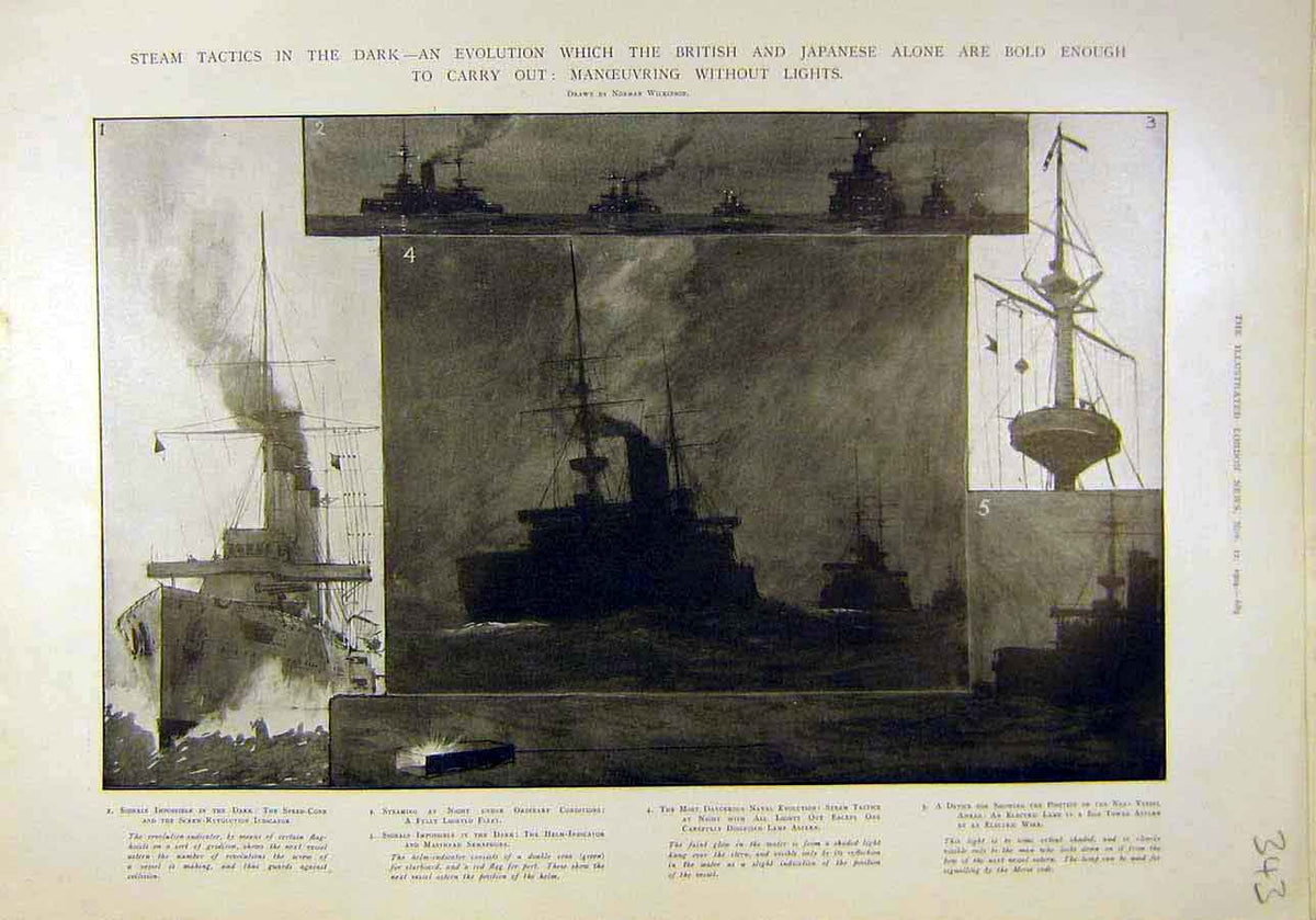 Original Old Antique Print 1904 Steam-Ships Tactics Naval Manoeuvres Dark War