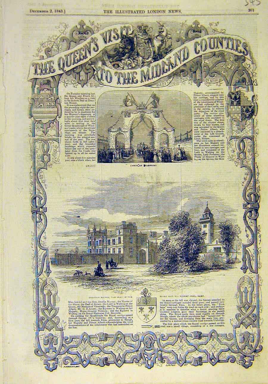 Original Old Antique Print 1843 Queen Tamwort Dryton Manor Peel Midlands Visit