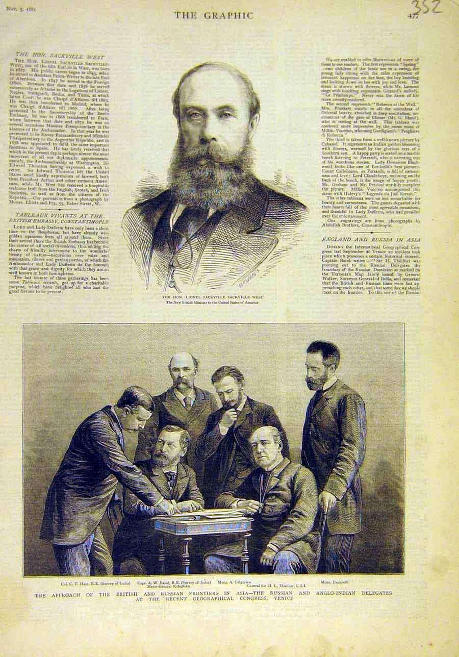 Original Old Antique Print 1881 Portrait Sackville Venice Anglo-Indian Congress