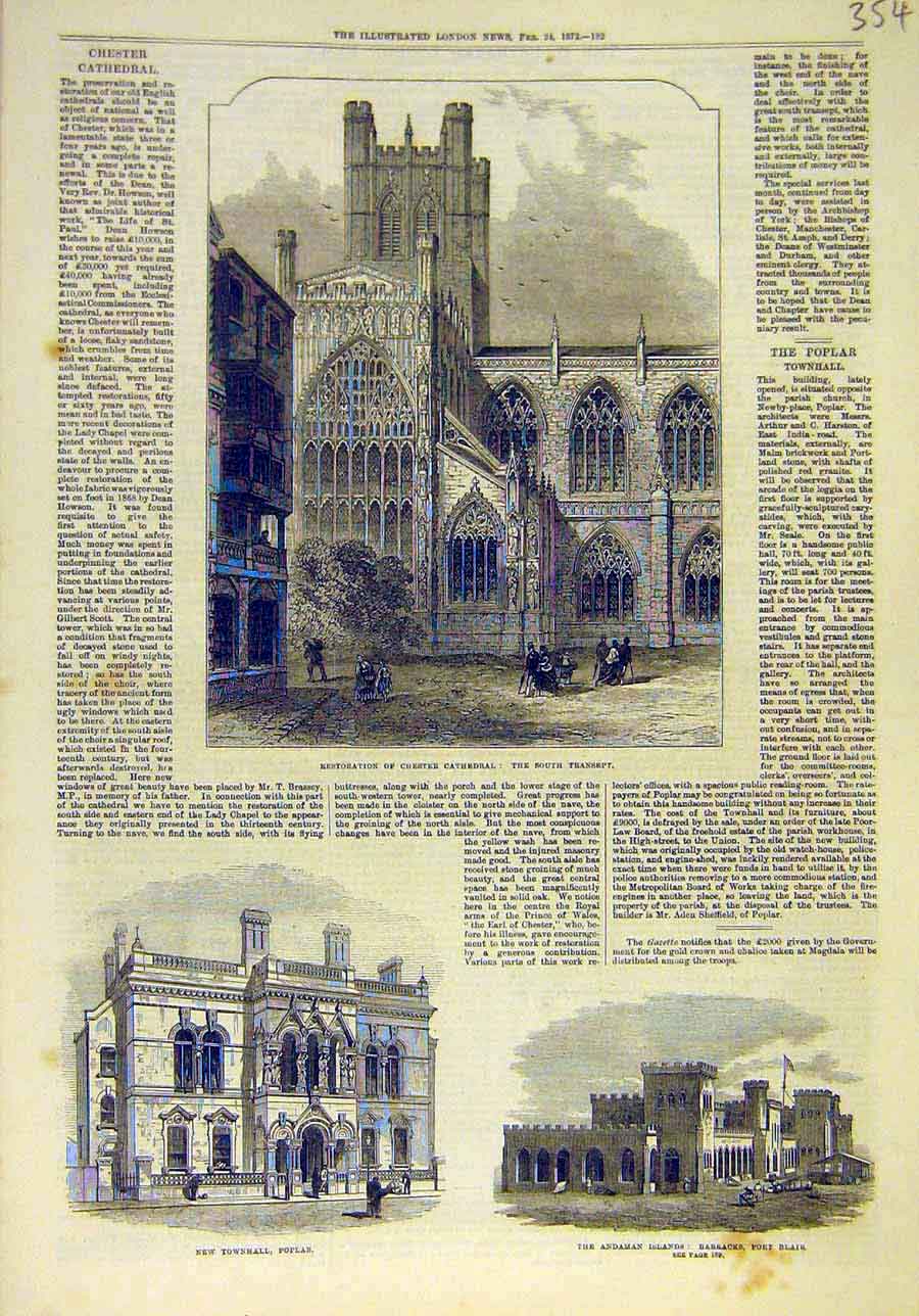 Old Antique Print 1872 Chester Cathedral Building Townhall Poplar Andaman 19th