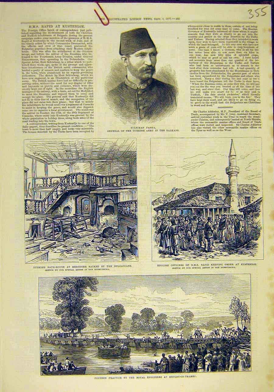 Original Old Antique Print 1877 Pasha Balkans Medjidieh Hms Rapid Pontoon Henley