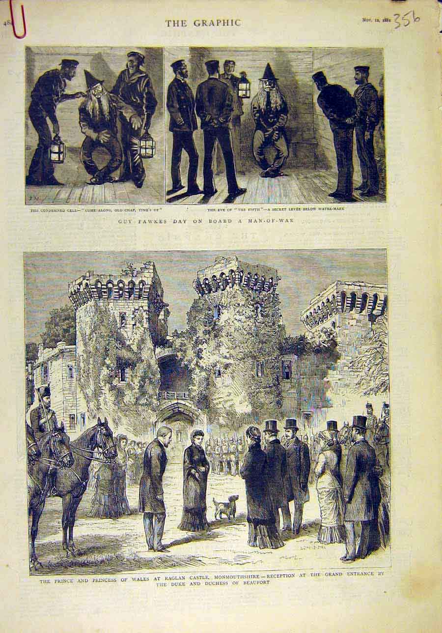 Old Antique Print 1881 Guy-Fawkes Man-Of-War Raglan Castle Royal Beaufort 19th