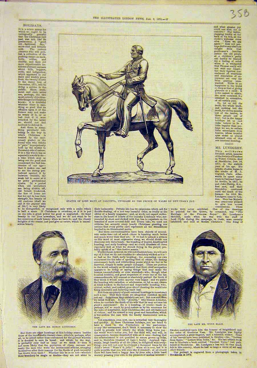 Original Old Antique Print 1876 Statue Mayo Calcutta Lundgren Ellis Portrait
