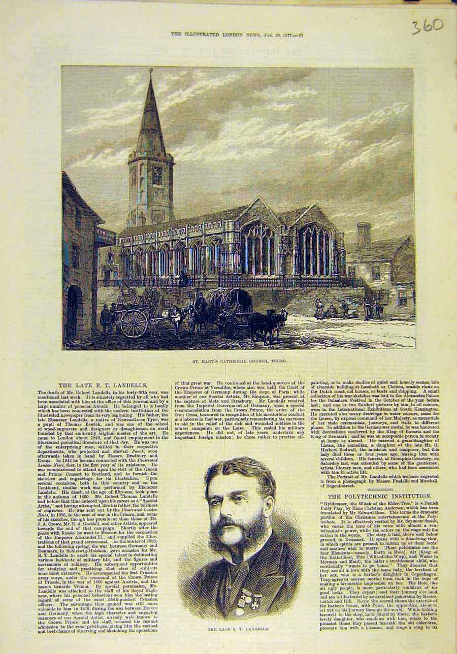 Old Antique Print 1877 St Mary'S Cathedral Church Truro Building Landells 19th