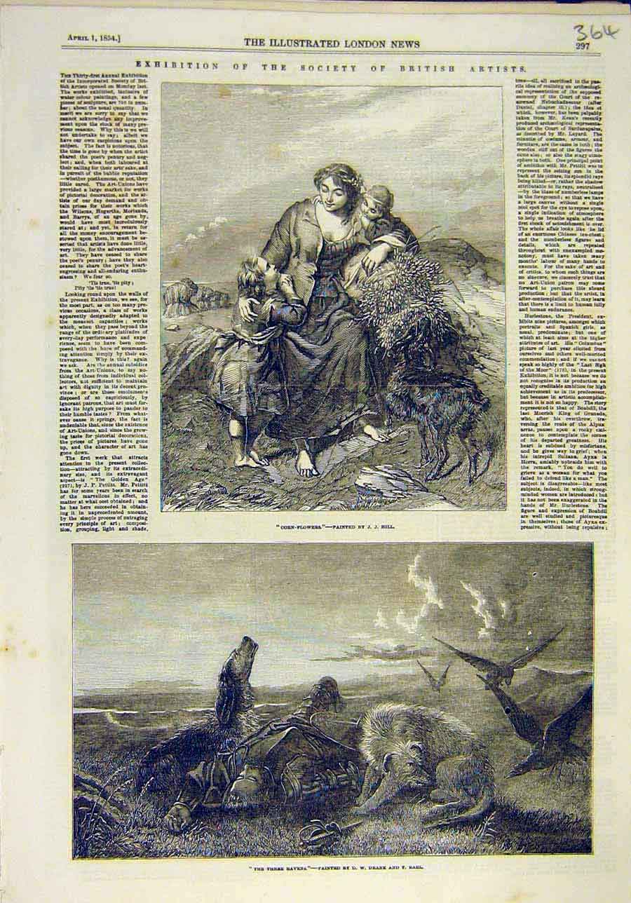 Old Antique Print 1854 Exhibition Corn-Flowers Hill Ravens Deane Earl Art 19th