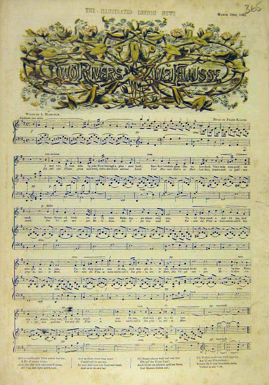 Original Old Antique Print 1858 Song-Sheet Music Score Two-Rivers Keiser 19th