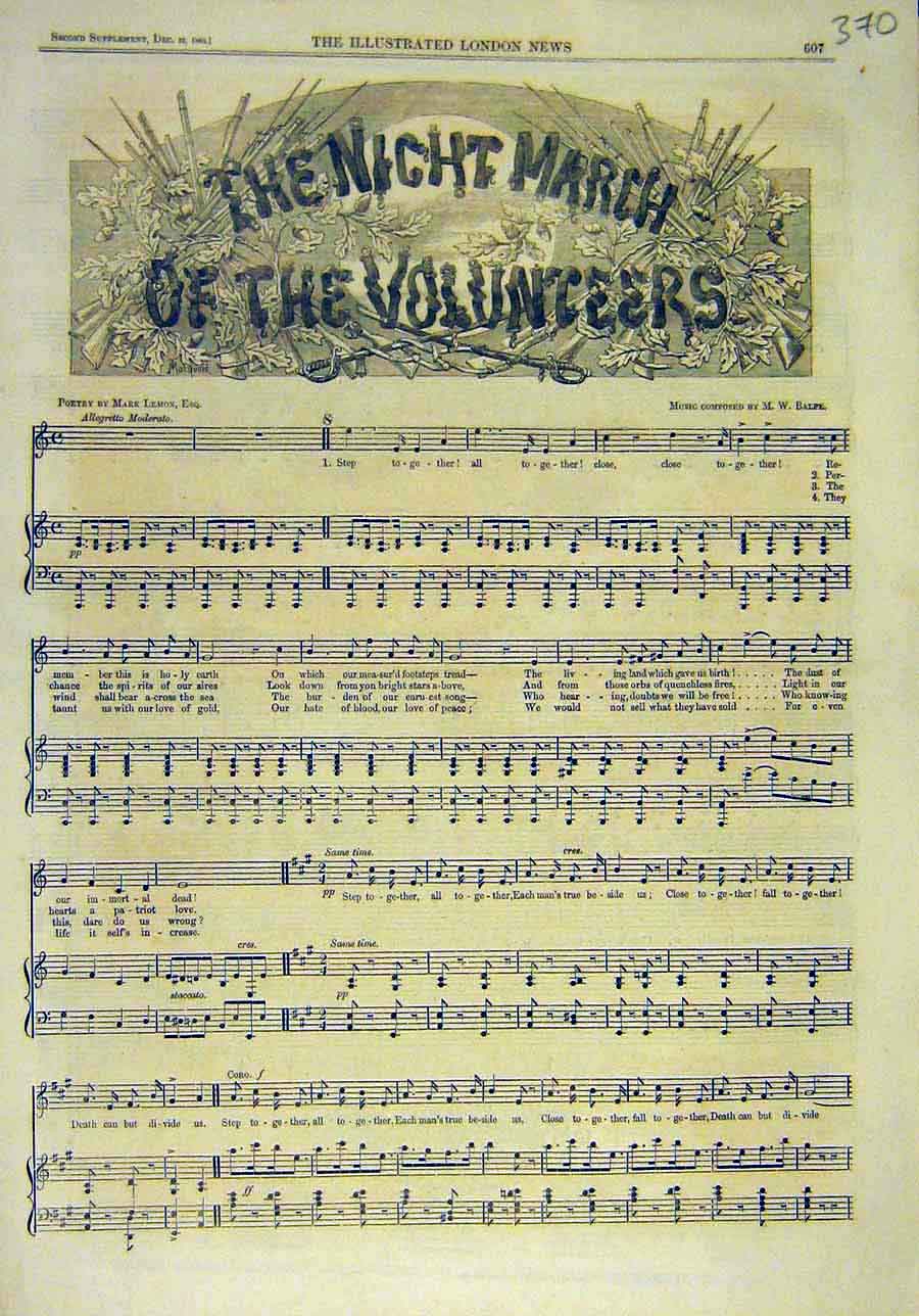 Original Old Antique Print 1860 Night-March Volunteers Music-Score Song-Sheet