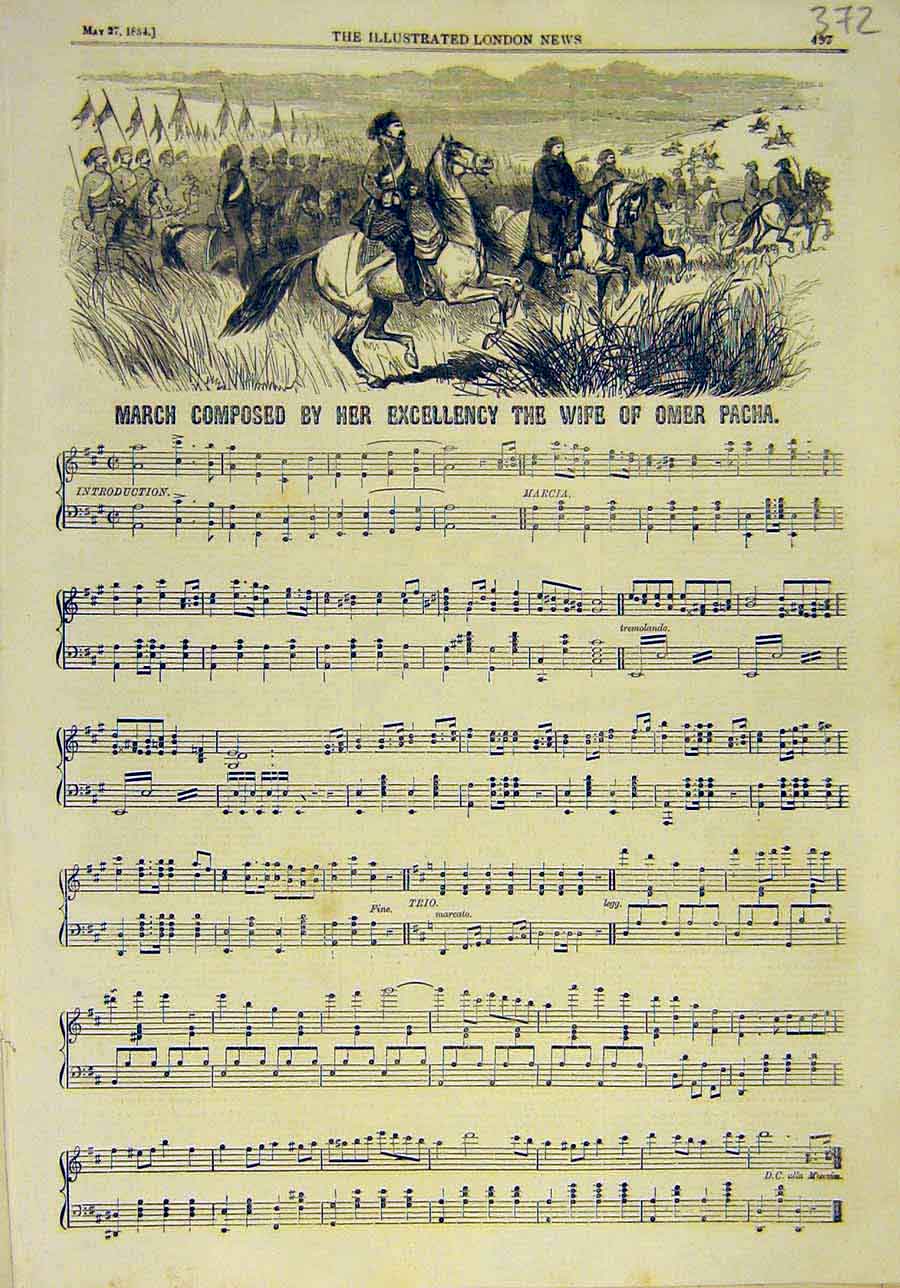 Original Old Antique Print 1854 March Music Wife-Omer Pacha Music-Score Military